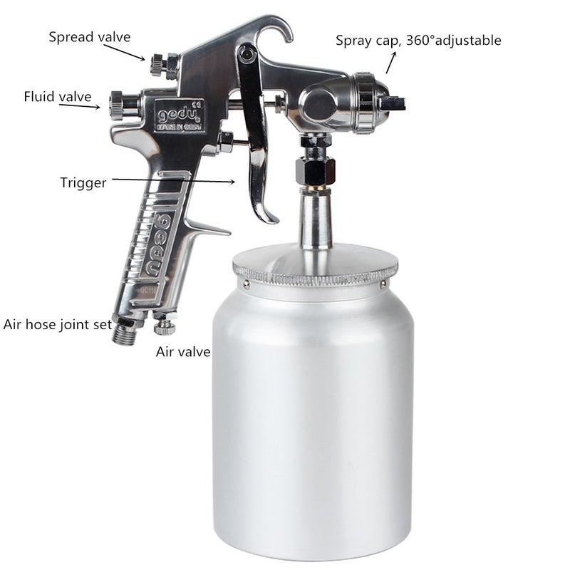 Gedu High Pressure Spray Gun with 1000cc Cup, 2.5mm Nozzle, Sliver - Image 2